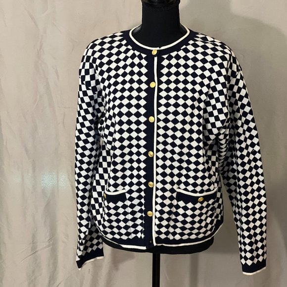 NM Essentials Sweaters - NM Essentials Women Blue/Wht. checker cardigan sweater with gold accent.  Large